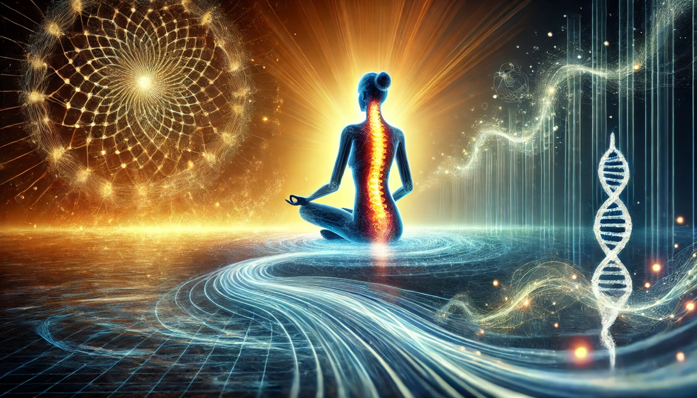 Artistic visualization of spinal energetics showing a meditating figure with glowing spine, DNA helix, and energy patterns