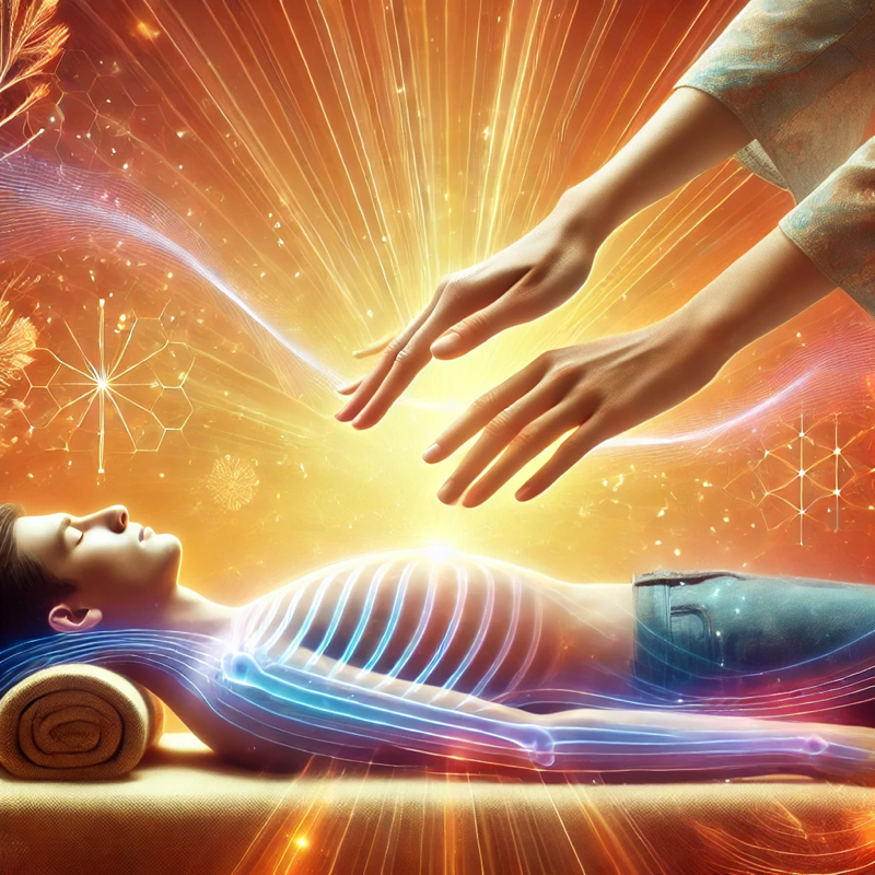 Reiki healing session showing energy work with glowing ethereal effects