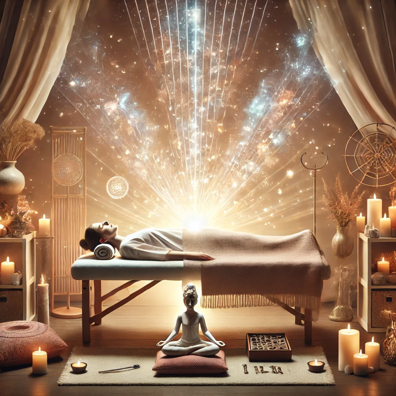 Serene Reiki healing session environment with ethereal energy visualization and meditation elements
