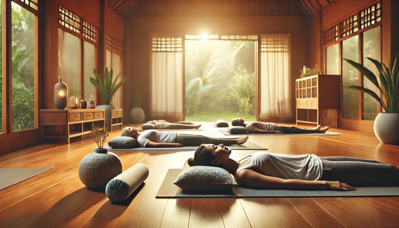 Peaceful yoga studio with warm lighting and wooden floors, showing participants in restorative poses using bolsters and props, surrounded by plants and natural decor