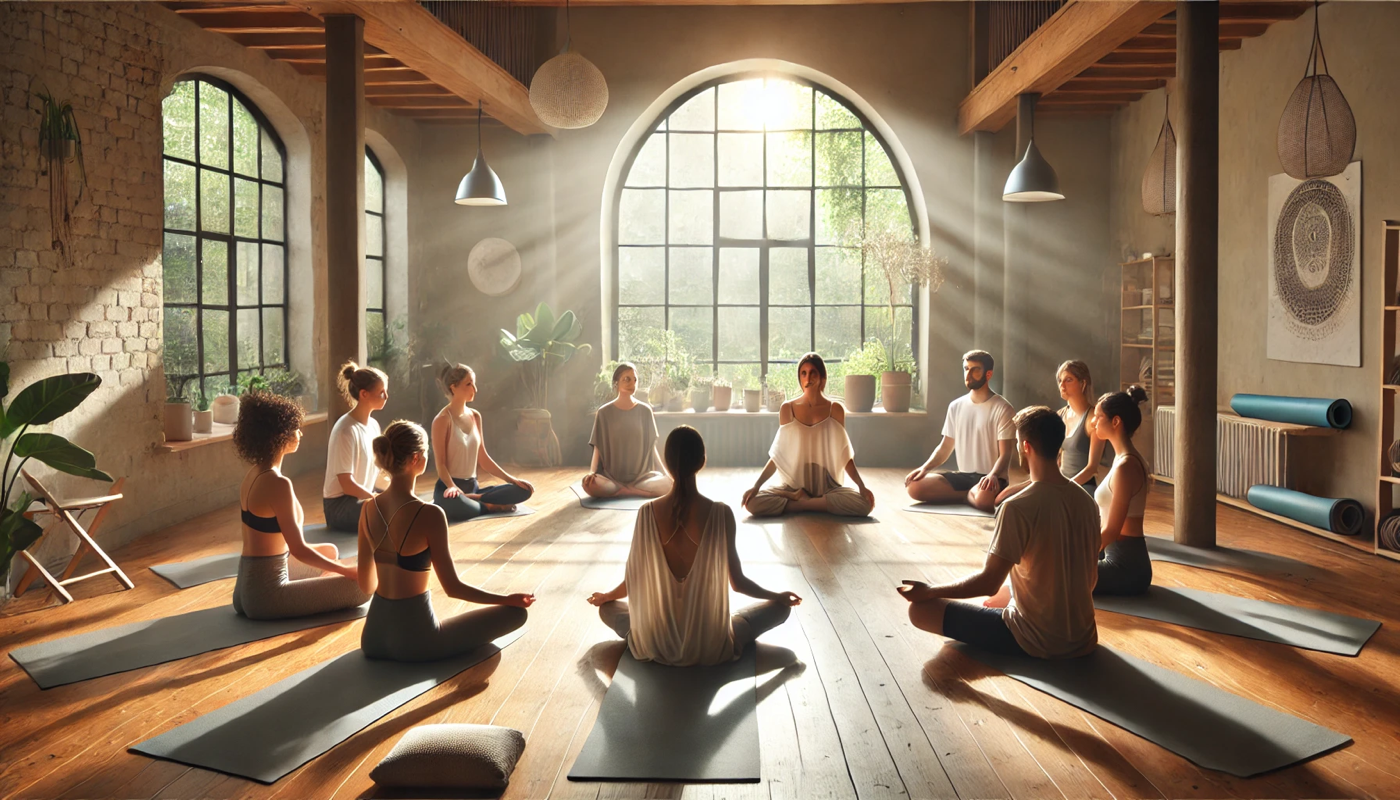 Serene yoga studio with arched windows and natural light, showing a group meditation circle on yoga mats with sunbeams streaming through the windows