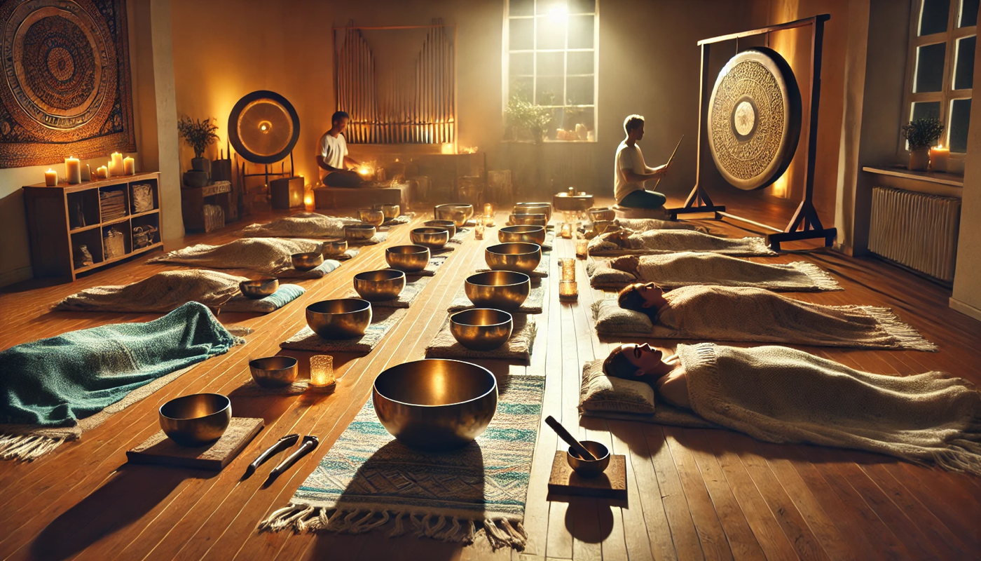 Atmospheric sound healing space with wooden floors and warm lighting, featuring multiple singing bowls arranged in rows alongside meditation mats, blankets, and large gongs, creating an inviting environment for deep relaxation