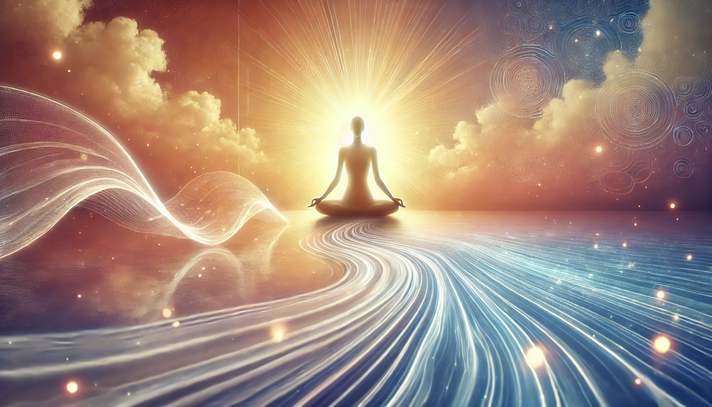 Ethereal meditation scene with flowing energy streams and spiritual illumination
